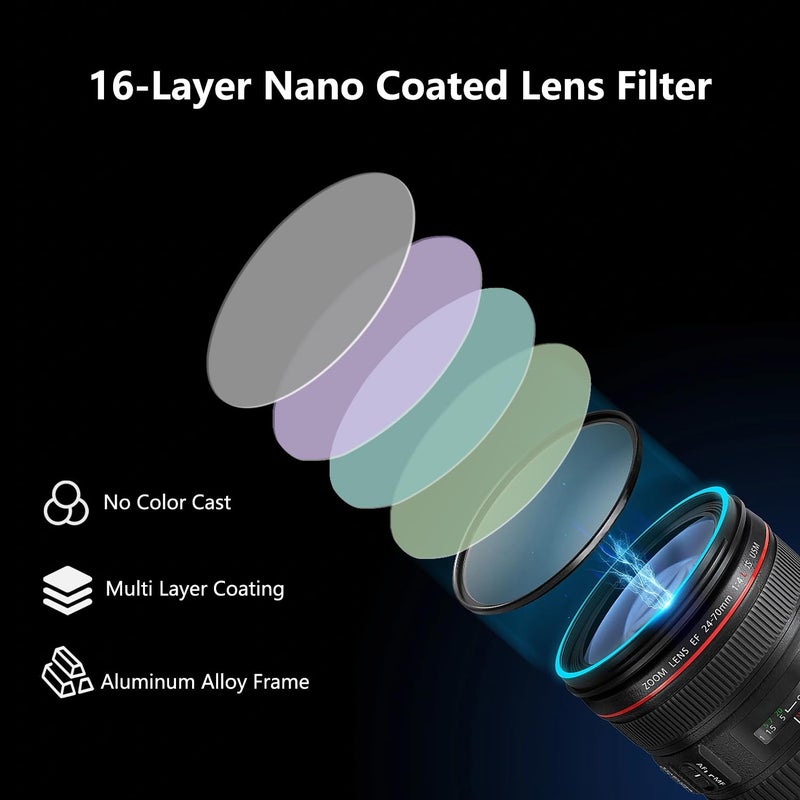 LENSKINS فلتر LENSKINS 82mm ND64، فلتر كثافة محايدة 6 توقف لعدسات الكاميرا، مغلف بطبقة متعددة مقاومة 16، زجاج بصري ألماني، فلاتر ND محكمة الطقس مع قطعة قماش العدسة - Image 3